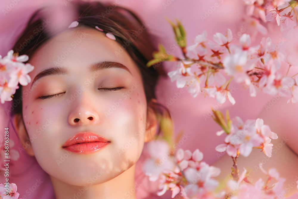 a woman with closed eyes laying down in a bed of flowers a woman with closed eyes laying down in a bed of flowers