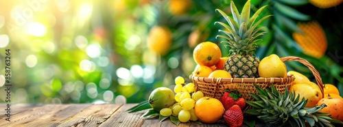 Fresh Tropical Fruits in a Basket on a Wooden Table photo
