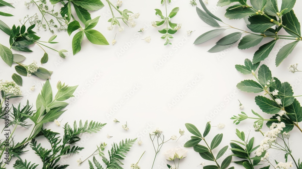 Naklejka premium Floral and foliage frame on white background in flat lay style Overhead view
