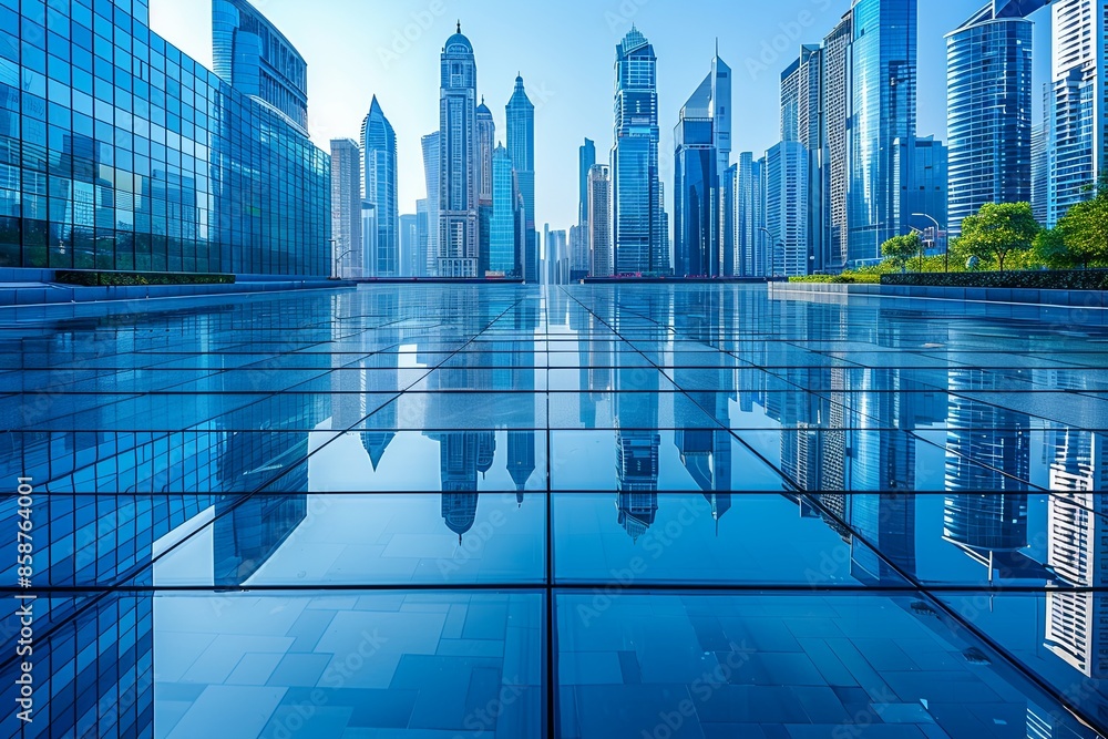 Modern city skyline with skyscrappers and reflection created with Generative AI Modern city skyline with skyscrappers and reflection created with Generative AI