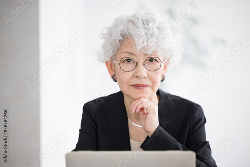 Φωτογραφία Exec image of a serious-looking female director, president, chairman, or other executive with gray hair thinking of a computer