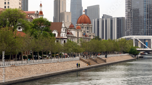 Photography Tianjin cityscape along the Haihe River with European-style buildings