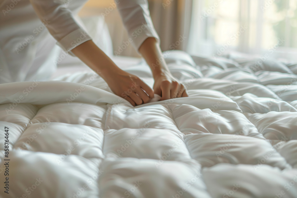 a woman is placing a pillow on a bed a woman is placing a pillow on a bed