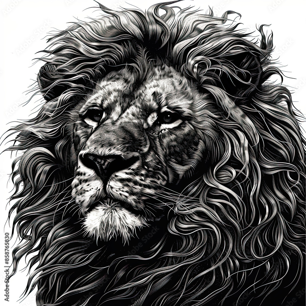 A black and white drawing of a lion A black and white drawing of a lion