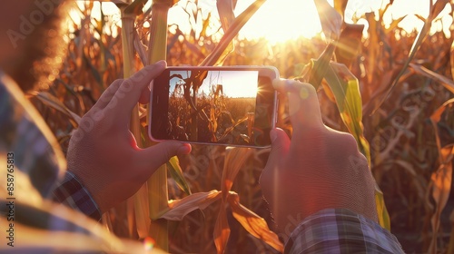 A farmer takes a photo of his harvest with a smartphone in a corn field. A proud farmer immortalizes a season of hard work and dedication in his cornfield. photo