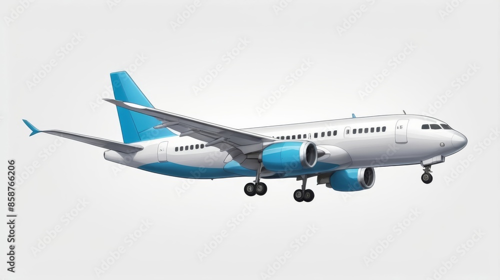 Illustrate an airplane on a clean white background, focusing on its elegant and aerodynamic design Illustrate an airplane on a clean white background, focusing on its elegant and aerodynamic design