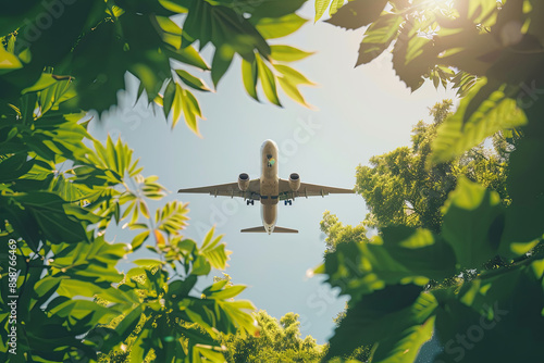 Eco-friendly air transport concept with a plane flying in the sky against a background of green trees photo