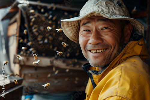 a man in a hat is smiling and surrounded by bees