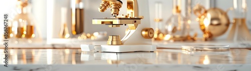 Elegant golden laboratory equipment including microscope and scientific instruments, reflecting a high-end research environment.