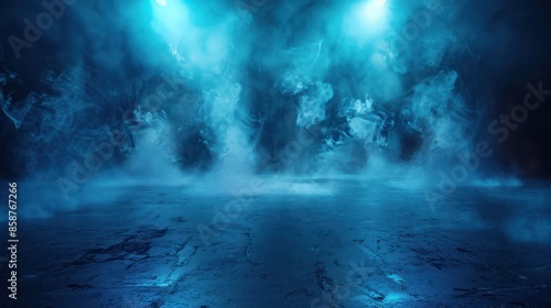 Abstract Dark Street Scene with Blue Background, Neon Lights, and Smoke for Product Display © hisilly