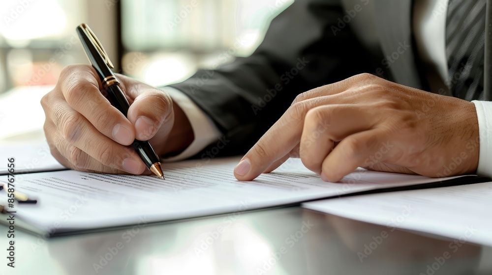 A business person reviewing documents at office desk, Sign contracts, Office environment A business person reviewing documents at office desk, Sign contracts, Office environment