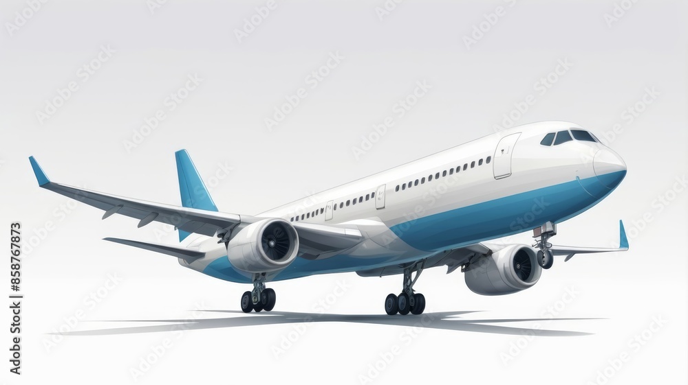 Illustrate an airplane on a clean white background, focusing on its elegant and aerodynamic design Illustrate an airplane on a clean white background, focusing on its elegant and aerodynamic design