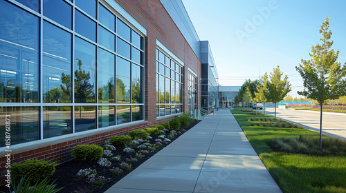 Exterior of a modern corporate building with reflective glass windows, surrounded by well-maintained landscaping and a clear sidewalk.