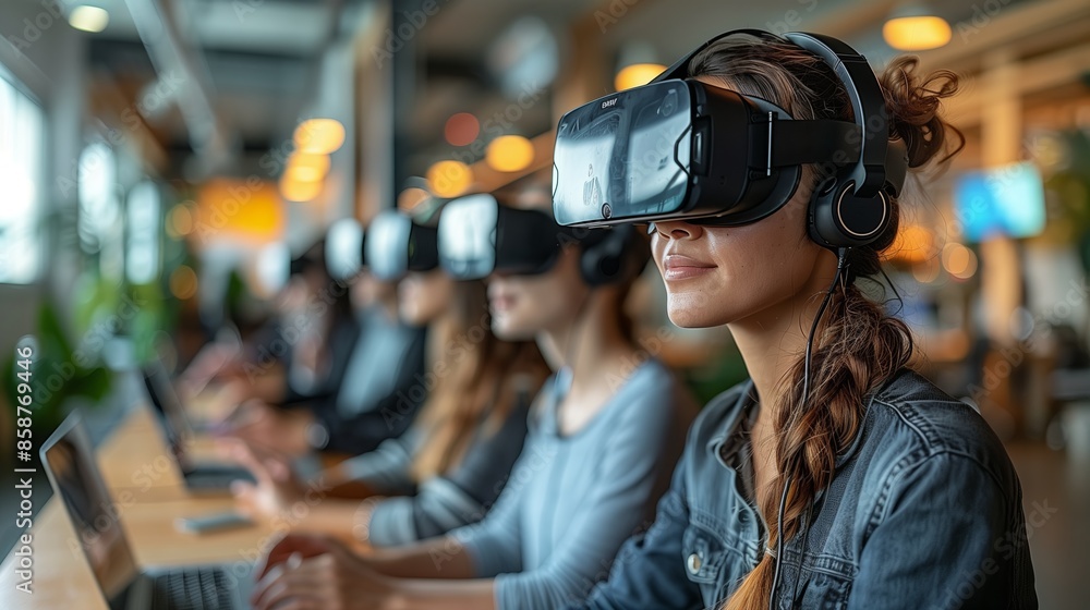 Group of people using virtual reality headsets. Team of individuals immersed in virtual reality experiences, wearing headsets and working on laptops in a modern office setting. Group of people using virtual reality headsets. Team of individuals immersed in virtual reality experiences, wearing headsets and working on laptops in a modern office setting.