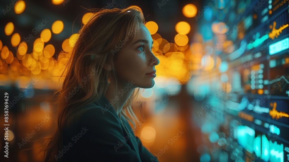 Young professional woman analyzing data on screen. Young professional woman intensely analyzing data on a screen in a modern office with vibrant orange and blue lighting. Young professional woman analyzing data on screen. Young professional woman intensely analyzing data on a screen in a modern office with vibrant orange and blue lighting.