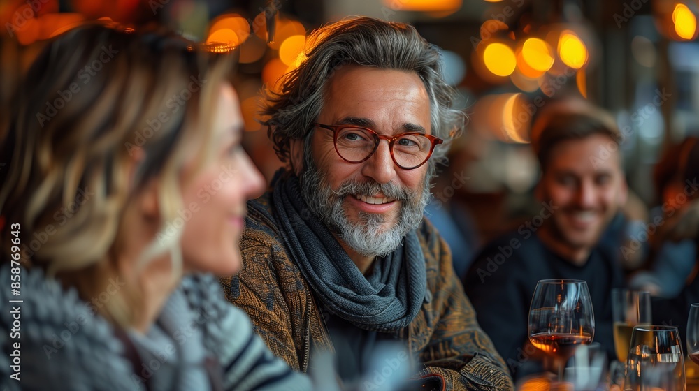 Fototapeta premium Senior man enjoying conversation at social gathering. Senior man with a gray beard enjoying a conversation with friends at a social gathering, exuding warmth and friendliness.