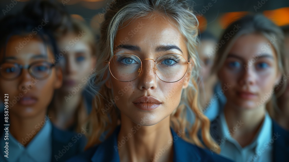 Diverse business team with focus on woman leader. Diverse business team with a focus on a woman leader wearing glasses, representing leadership and confidence in a corporate setting. Diverse business team with focus on woman leader. Diverse business team with a focus on a woman leader wearing glasses, representing leadership and confidence in a corporate setting.
