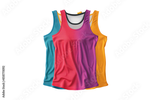 Colorful tank tops on white background in pink, orange, and blue, ideal for activewear, fashion, summer, sports, and merchandise. photo