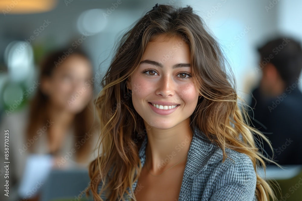 Smiling businesswoman in modern office. Smiling businesswoman in a modern office setting, exuding confidence and professionalism. Smiling businesswoman in modern office. Smiling businesswoman in a modern office setting, exuding confidence and professionalism.