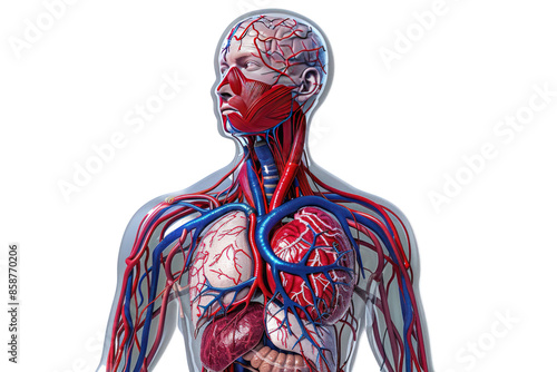 3D illustration of the human circulatory system highlighting veins, arteries, and heart for medical and educational purposes.