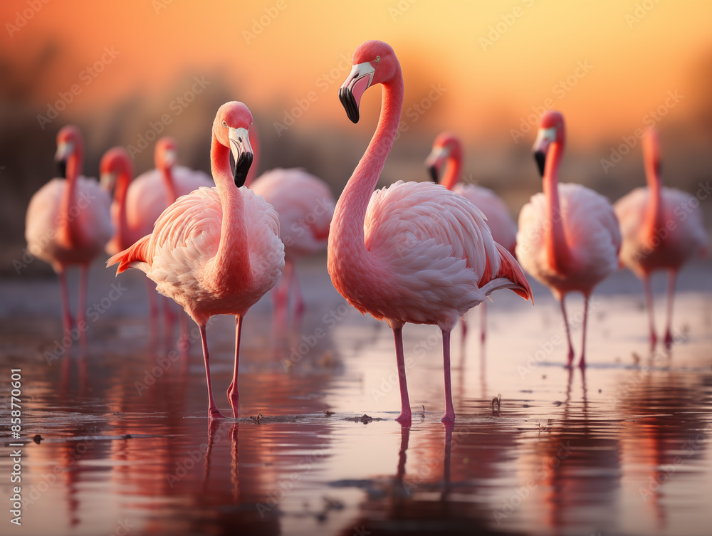 Flamingos are standing in a shallow lagoon Flamingos are standing in a shallow lagoon