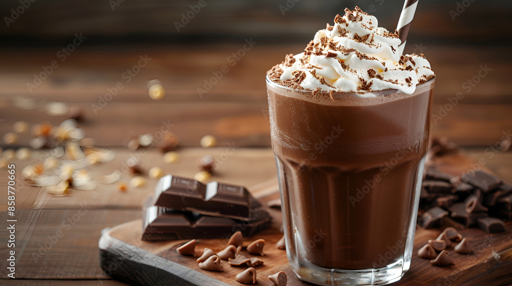 Tall Glass of Chocolate Milkshake on Table,Scrumptious hot chocolate milkshake with rich whipped cream topping, served in a glass,creamy perfection of a chocolate milkshake
Tall Glass of Chocolate Milkshake on Table,Scrumptious hot chocolate milkshake with rich whipped cream topping, served in a glass,creamy perfection of a chocolate milkshake