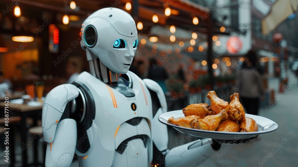 Robot Server Serving Fried Chicken at a Busy Restaurant Robot Server Serving Fried Chicken at a Busy Restaurant