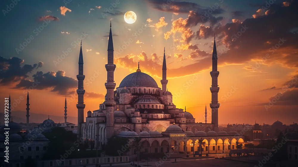 Religion illuminated by majestic sunset at famous mosque, AI Generative.
