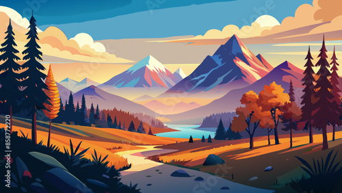 Vector illustration of a beautiful landscape with mountains and an autumn forest. The concept of travel, hiking, outdoor activities, and adventure illustration 