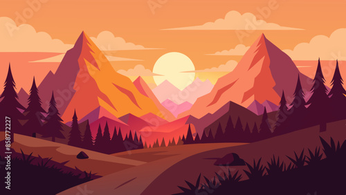Vector illustration of a beautiful landscape with mountains and an autumn forest. The concept of travel, hiking, outdoor activities, and adventure illustration 