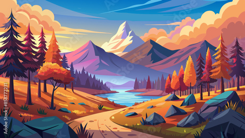 Vector illustration of a beautiful landscape with mountains and an autumn forest. The concept of travel, hiking, outdoor activities, and adventure illustration 