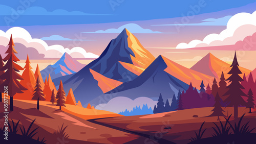 Vector illustration of a beautiful landscape with mountains and an autumn forest. The concept of travel, hiking, outdoor activities, and adventure illustration 