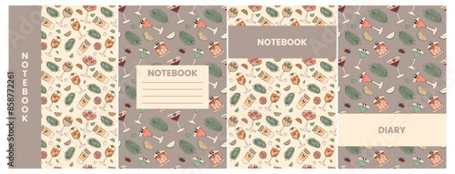 Retro groovy characters summer cocktails. Notebook or diary cover set with cute alcohol beverage aperol spritz, negroni, tequila, cosmopolitan and other. Vector surrealism illustration