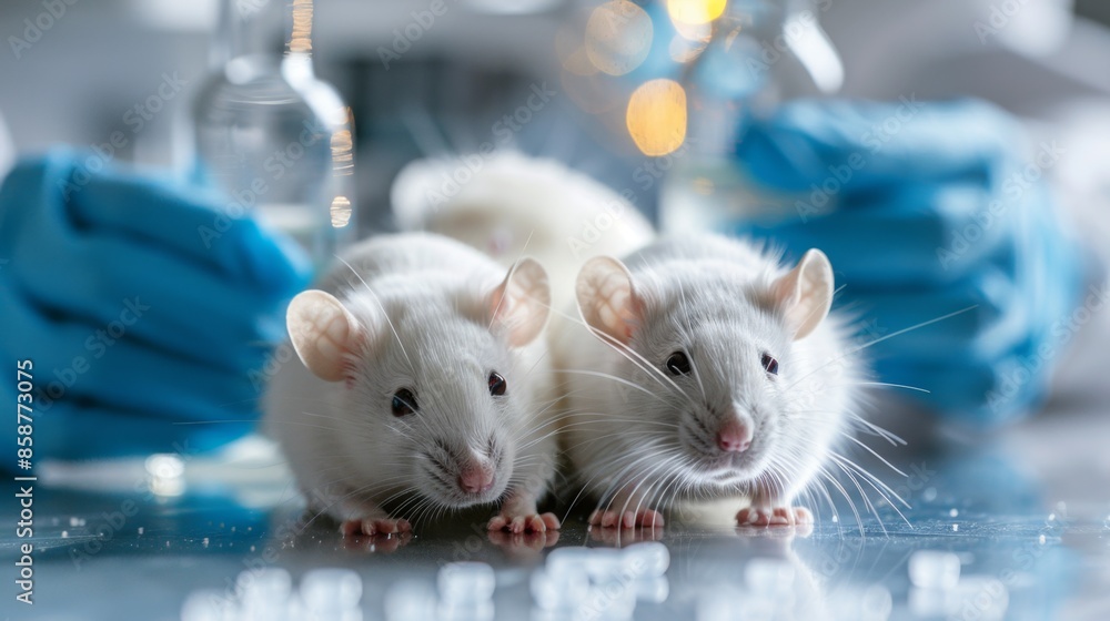 Fototapeta premium laboratory white rats on a table in the laboratory, in the background the gloved hands of a scientist performing experiments, conducting research