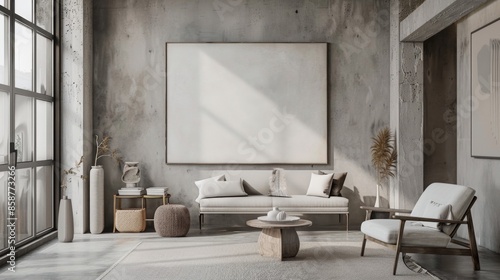 A sleek and calming living room design with a white canvas backdrop, Layout designed to promote movement and flow, Minimalist industrial style © Plumm