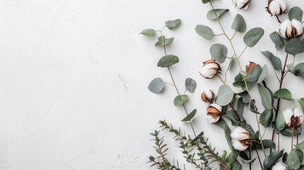 Floral arrangement with eucalyptus and cotton on white backdrop viewed from above with space for text