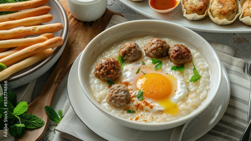 Rice Congee with Egg, Meatballs, and Parsley Rice Congee with Egg, Meatballs, and Parsley