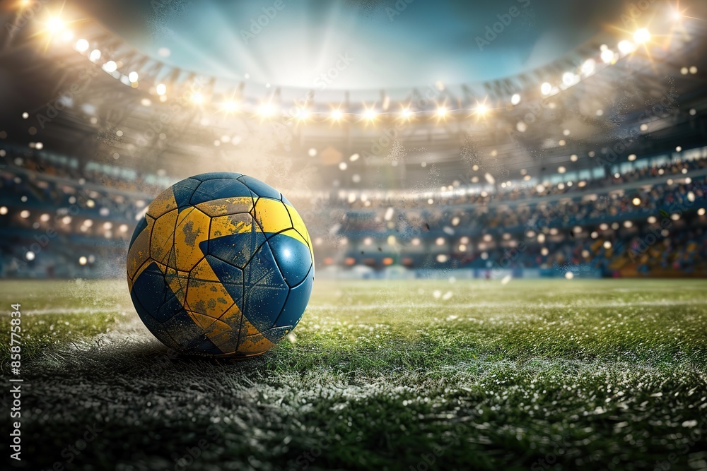 Naklejka premium soccer ball on green grass