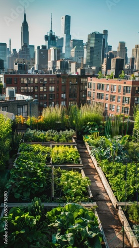 Urban rooftop garden with lush green plants against a backdrop of skyscrapers in a bustling cityscape.