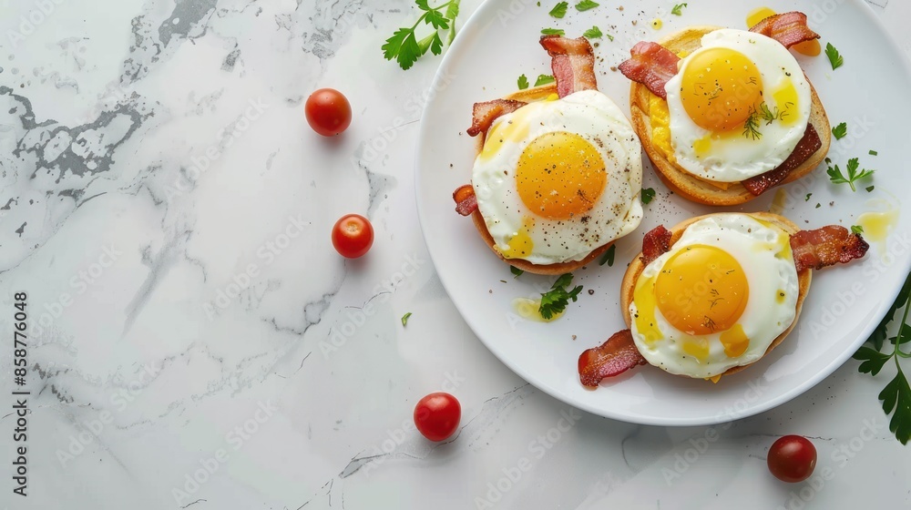 Three Fried Eggs with Crispy Bacon on Toast Three Fried Eggs with Crispy Bacon on Toast