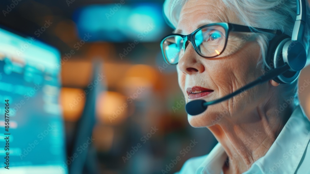 Bright and Professional Customer Service Consultant - Elder Woman in Call Center with CRM on Monitor, Mockup Space for Advertisement