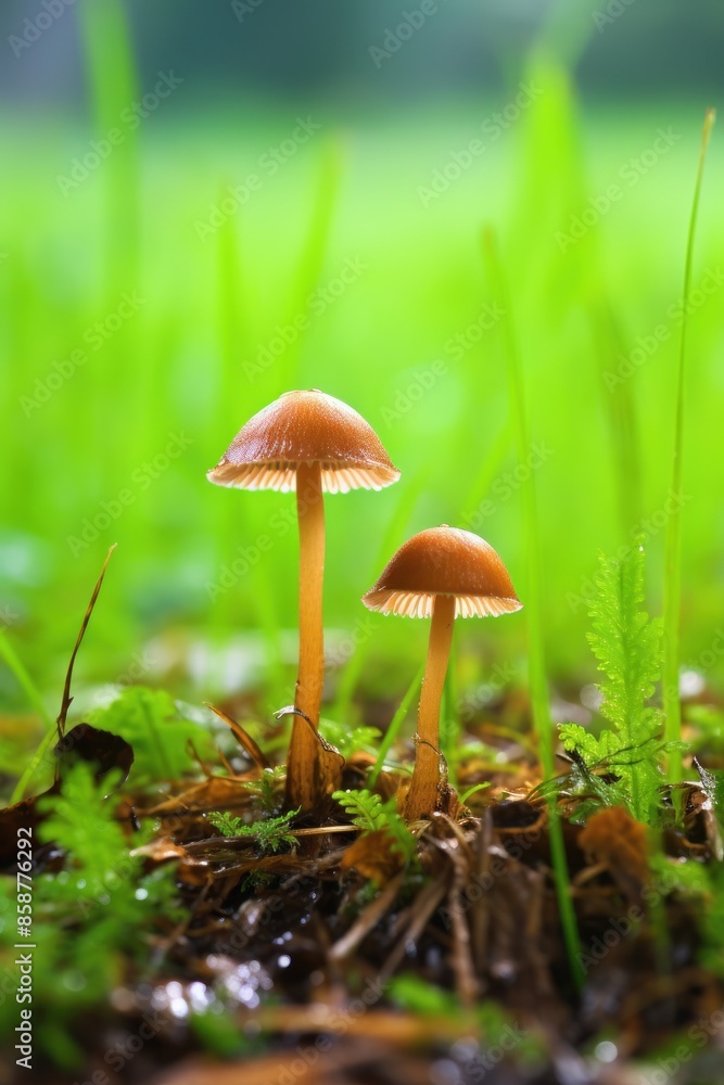 Little wet mushrooms in a forest. Psilocybe semilanceata mushrooms growing on a trunk in the forest. Magic, hallucinogenic, Mushrooms. Vertical photo. Little wet mushrooms in a forest. Psilocybe semilanceata mushrooms growing on a trunk in the forest. Magic, hallucinogenic, Mushrooms. Vertical photo.