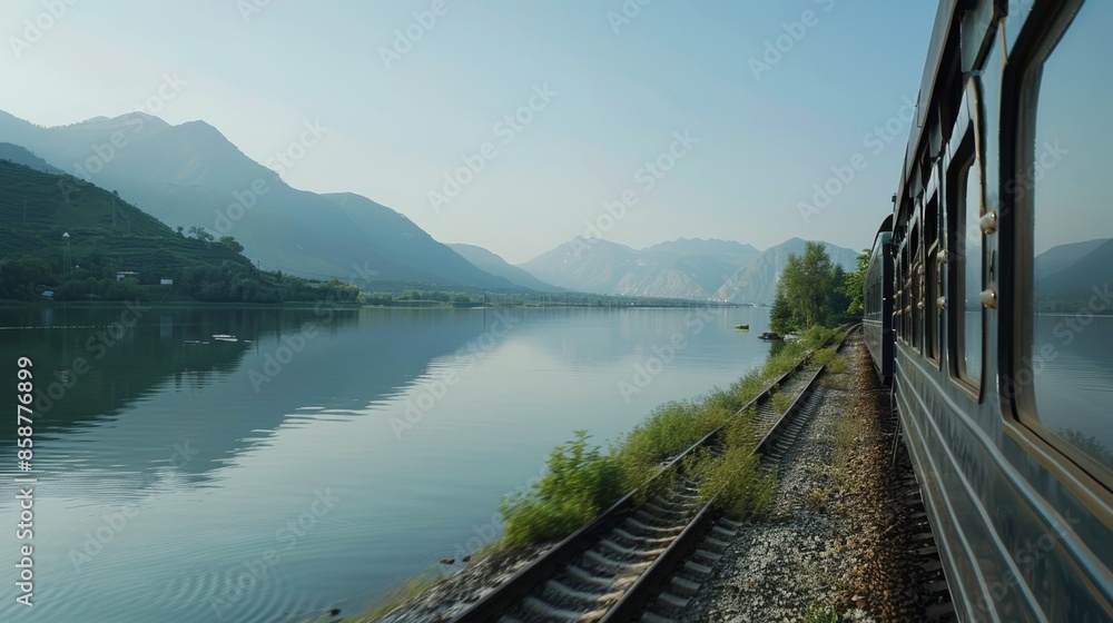 Fototapeta premium The rhythmic sound of the trains wheels on the tracks was strangely soothing against the backdrop of the tranquil lake.