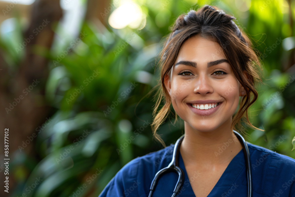a woman in a blue scrub suit smiling
