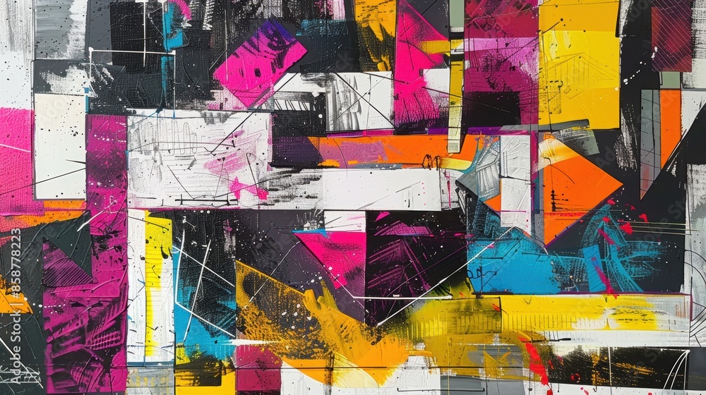 Fototapeta premium Vibrant abstract geometric artwork with splashes of bright colors and intricate patterns, perfect for modern decor.