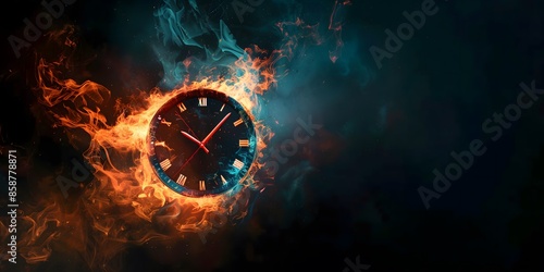 A surreal image of a clock engulfed in flames, symbolizing the concept of time burning away