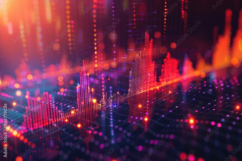 Fototapeta premium Abstract digital city skyline with glowing lines and dots in vibrant red, orange, and purple hues.