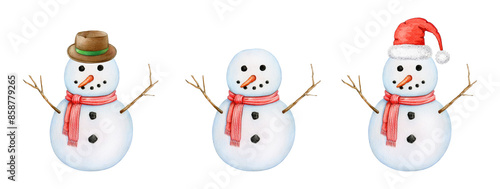 Funny snowman in red scarf and hat winter collection. Painted vintage style illustration. Hand drawn smiling snowman traditional winter season snow decoration set. Isolated on white background