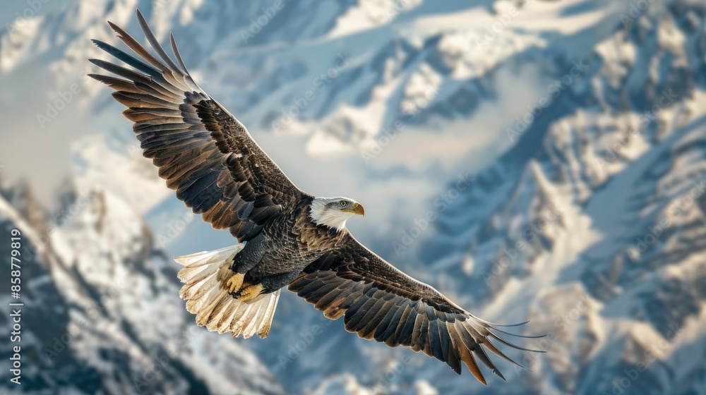 Photograph of a majestic bald eagle soaring through the skies, its wings outstretched against the backdrop of a snow-capped mountain range. Photograph of a majestic bald eagle soaring through the skies, its wings outstretched against the backdrop of a snow-capped mountain range.