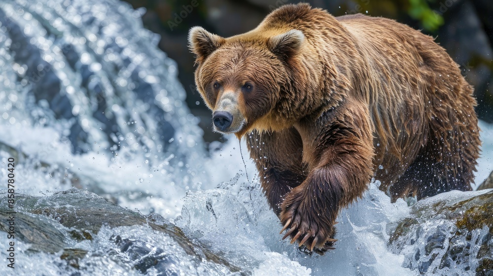 Obraz premium Photograph of a majestic grizzly bear fishing for salmon in a cascading river, its powerful paws expertly maneuvering the swift currents.